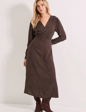 Women's Chocolate Pinspot Shirred Waist Button Detail Printed Midi Dress Size: 14 - Chocolate - Size: 14 - Dorothy perkins - FashionsVida