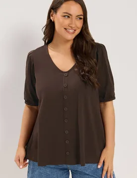 Women's Button Front Puff Sleeve Top in Chocolate Size: 26-28 - Chocolate - Size: 26-28 - Yours - FashionsVida
