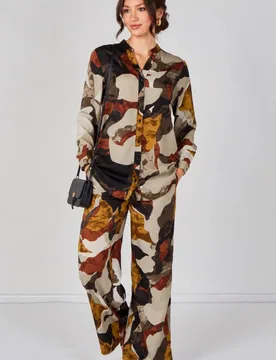 Taupe Abstract Print Shirt & Trouser Co-Ord Set - Taupe - Size: 8 - LOVE SUNSHINE - FashionsVida