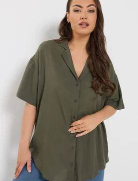 Women's Woven Linen Shirt in Dark Olive Size: 22-24 - Dark Olive - Size: 22-24 - Yours - FashionsVida