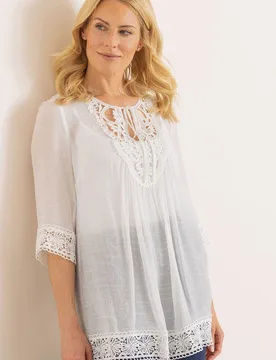 Lace Trimmed Tie Neck Top - White - Size: 22 - Klass. - FashionsVida