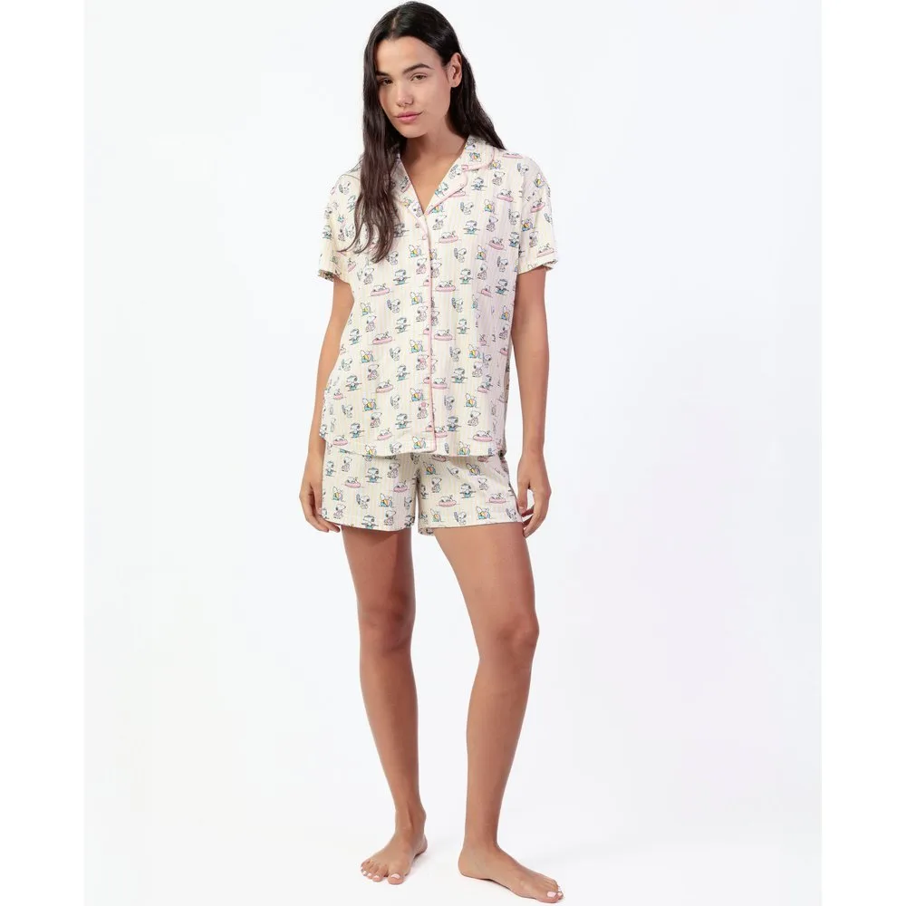 Pijama abierto corto de mujer de punto de algodón en color - Peanuts - FashionsVida