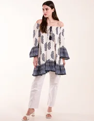 Womens Mix Print Bardot Blouse With Tassel - Size Medium/large