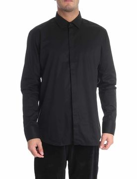 Camicia nera con inserto a pois sul collo