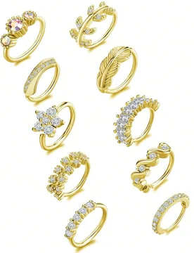 Piezas Aros para la nariz, Pendientes de cartílago con flores de strass, hojas y plumas CZ, Joyería para perforación de la nariz, Unisex, Plata Oro - Shein - FashionsVida