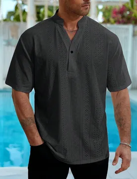 Camisa casual de manga corta con cuello con muesca de unicolor para hombres de talla grande, verano, vacaciones - Shein - FashionsVida
