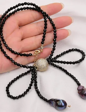 G-G 18" Natural Black Onyx Agate Zircon Ball Choker Necklace Black Baroque Pearl Pendant - Aliexpress - FashionsVida