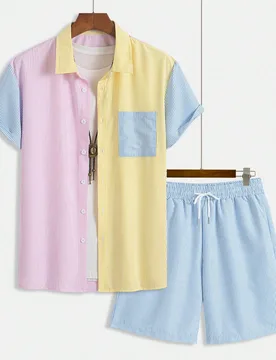 Conjunto de 2 piezas de moda casual ligera para hombre, camisa de manga corta a rayas con bloques de color y pantalones cortos, atuendos de playa para - Shein - FashionsVida