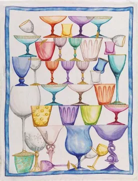 Canovaccio Crystal in lino bianco con stampa bicchieri multicolor e riquadro blu - Tessitura Toscana Telerie - FashionsVida