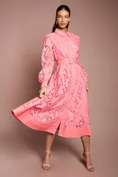 Embroidered Cutout Belted Shirt Dress - Coral - Size: 16