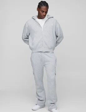 Herren Oversized Boxy Herren Script Zip Through Gusset Trainingsanzug Grey Marl Größe Medium - boohooMAN - FashionsVida