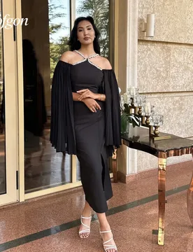 Toofgon Halter Black Short Mermaid Evening Dresses Women Tea Length Cape Sleeve Prom Gown Customized Formal Party Birthday Dress - Aliexpress - FashionsVida