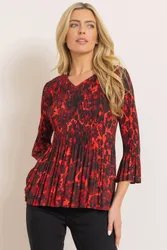 Women's Printed V Neck Pleated Top in Black Size: Small - Black - Size: S