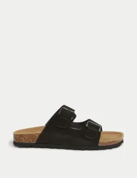 Suede Buckle Footbed Mules Black female
