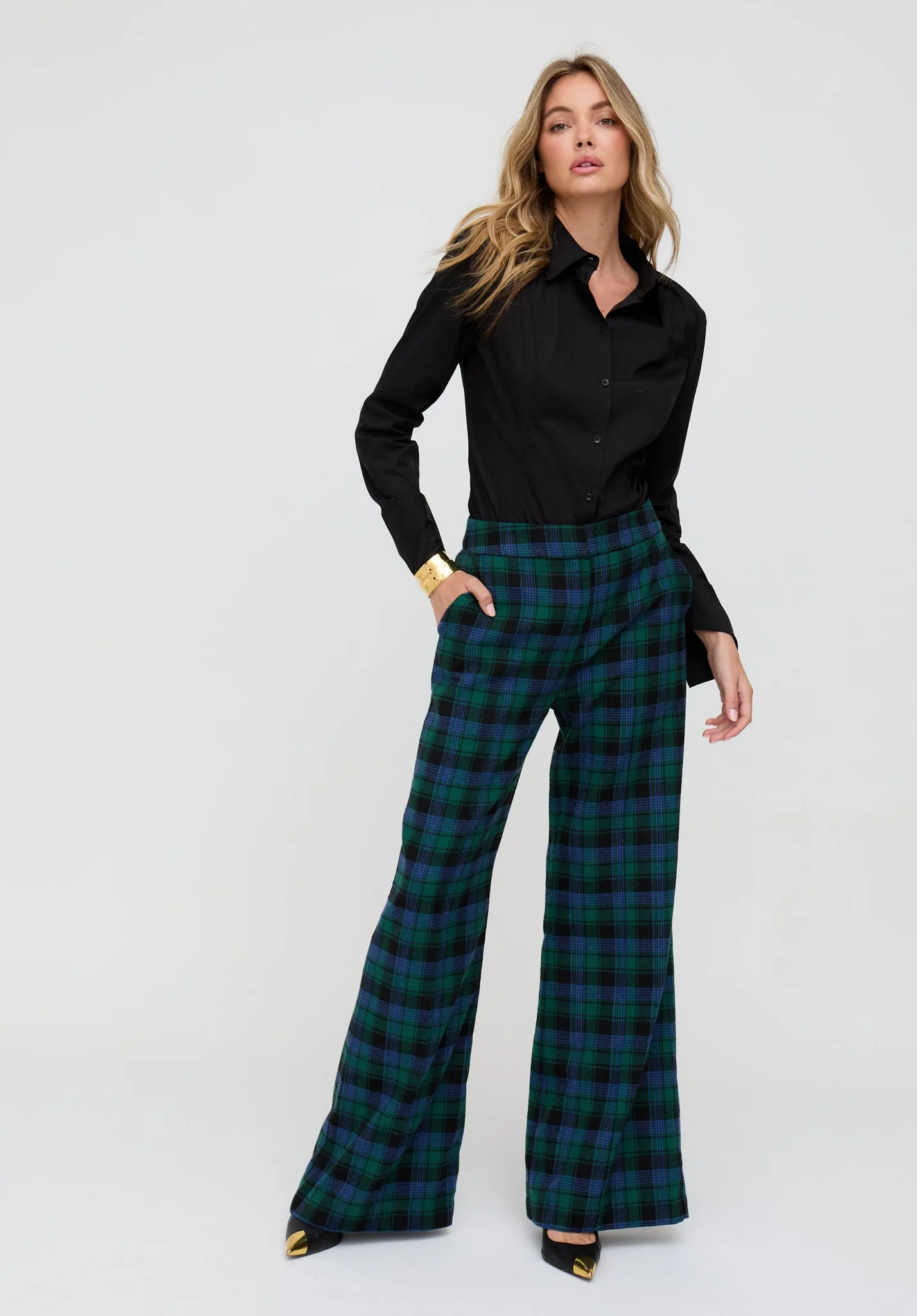 Zena Flared Prince Of Wales Check Print Trouser In Blue - 8 - Lily and Lionel London Limited - FashionsVida
