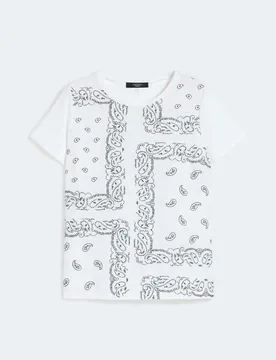 T-shirt girocollo Weekend bianca in cotone con inserto in lino sul davanti a motivo paisley - Max Mara - FashionsVida