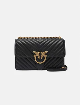 Borsa Love Bag One Chevron in pelle nera con fibbia Love Birds dorata e tracolla a catena - PINKO - FashionsVida