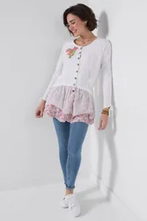 Jersey Tunic Top with Floral Skirt & Mesh Overlay - White - Size: 14