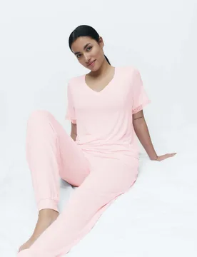 Lace Trim Cuffed Hem Pyjama Set Pink female - M&S - FashionsVida