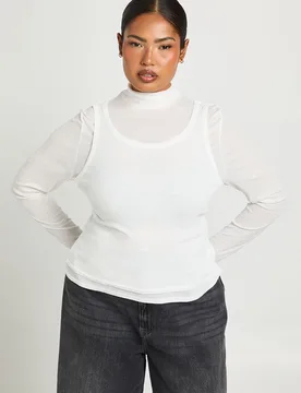 Womens Plus 2-1 Layered High Neck Long Sleeve Top - White - Size 22 Uk - Boohoo - FashionsVida