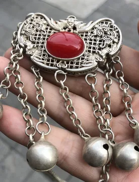Vintage Chinese Fu Bat Lock Silver Pendant Necklace, Hollow Filigree Inlaid Red Gem, Tassel Bells Retro Ethnic Lucky Jewelry - Aliexpress - FashionsVida