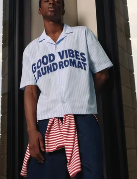 Striped Text Short Sleeve Shirt (Size: ) - Pull&bear - FashionsVida