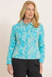 Embroidered Cotton Jacket - Aqua - Size: 20