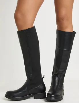 Womens Elastic Panel Flat Knee High Boots - Black - Size Uk 4 - Boohoo - FashionsVida
