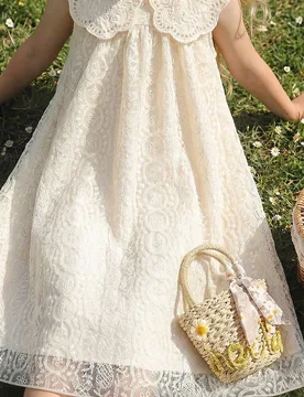 Vestido de niña de línea A sin mangas de doble capa elegante con encaje, cuello Peter Pan, vestido de princesa transpirable, para verano - Shein - FashionsVida