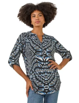 Womens Abstract Puff Print Stretch Top - Blue - Size 14 Uk - Roman - FashionsVida