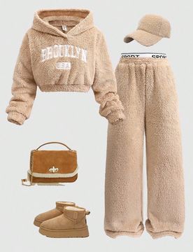 Conjunto informal reversible para niña preadolescente con sudadera holgada de hombros caídos y esponjosa + pantalones con cordón y gráfico de letr