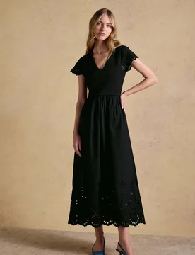 Pure Cotton Broderie V-Neck Midi Shirred Dress Black female - Joules - FashionsVida