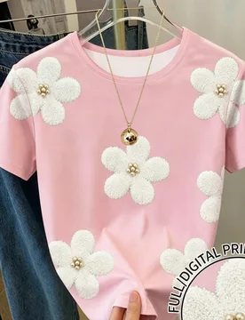 Camiseta de niña pequeña con estampado floral rosa y blanco, gráfico de flor de perla de cuello redondo de manga corta, estilo académico de moda, - Shein - FashionsVida