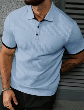Camisa polo de manga corta con ribete de contraste casual para hombre, top de verano azul claro estilo Old Money, polo con cuello para ir al trabajo, - Shein - FashionsVida