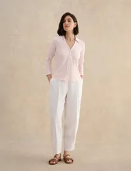 Pure Cotton Collared V-Neck 3/4 Sleeve Shirt Pink female