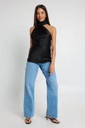 Womens Satin Scarf Detail Ruched One Shoulder Top - Black - Size 14 Uk