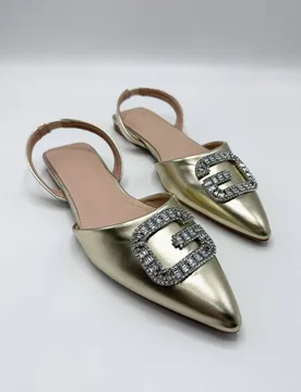 Women's Iona Flat Sling Back Diamante Brooch Flat Mules in Gold Size: 3 - Gold - Size: 3 - Miss Diva - FashionsVida
