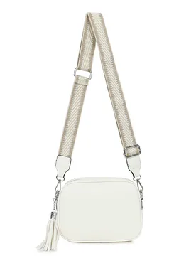 Moka Tassel Zip PU Crossbody Camera Bag with Canvas Strap - Off White - Size: One Size - Fontanella Fashion - FashionsVida