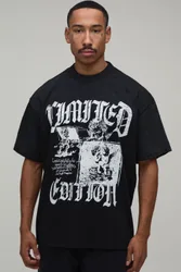 Mens Oversized Renaissance Print Spray Wash T-Shirt - Black Cotton - Size X-Small