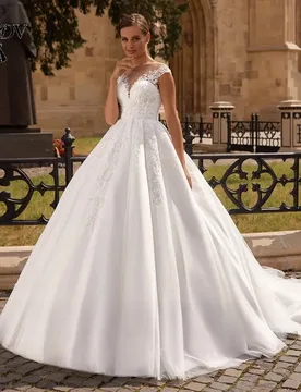 MCDV Women Ball Gown Wedding Dress Customized Cap Sleeve O Neck Beadings Applique Tulle Sweep Train Bridal Gown 2024 New Arrival - Aliexpress - FashionsVida