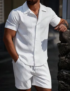 Conjunto de camisa de manga corta de un solo pecho y pantalones cortos de unicolor para hombres, formal - Shein - FashionsVida