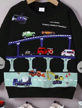 Sudadera de manga larga para niños, 1 pieza, casual, con gráfico de coche en inglés, negro & gris, hombros caídos, holgada, de tela ligera, para p - Shein - FashionsVida