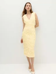 Floral Appliqué V-Neck Midi Bodycon Dress Yellow female