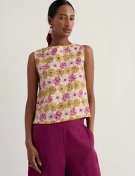 Pure Linen Floral Slash Neck Top Multi female