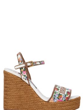 Majolica Print Wedge Sandals with Braided Upper and Ankle Strap