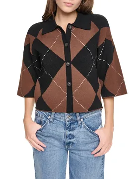 Cardigan Fuzzy Argyle Elbow Black / Chestnut Black L - DKNY - FashionsVida