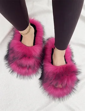 PVC Faux Raccoon Brown Teddy Fur Slides Colorful Fox Fur Slippers - Aliexpress - FashionsVida