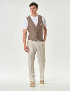 Pantalone chino in misto lino e cotone micro riga beige - Alley Docks - FashionsVida