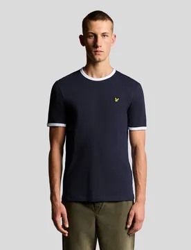 Men's Ringer Cotton Crew Neck T-Shirt in Dark Navy/ White - Lyle & Scott - FashionsVida