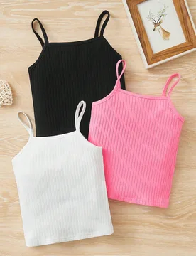 Top De Ribete De Punto De Canalé Para Niñas Jóvenes, Conjunto De 3 Piezas - Shein - FashionsVida